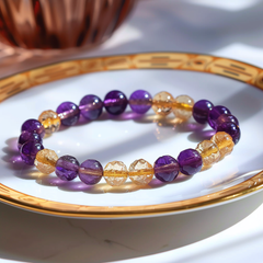 Purple and Yellow Bead Bracelet on Elegant White and Gold Plate