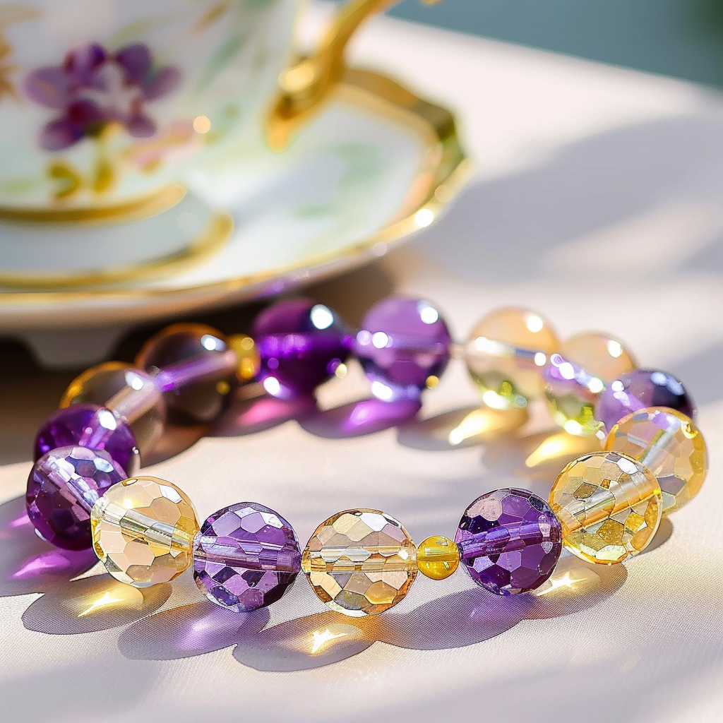 Purple and Yellow Bead Bracelet with Faceted Crystals Next to Decorative Teacup