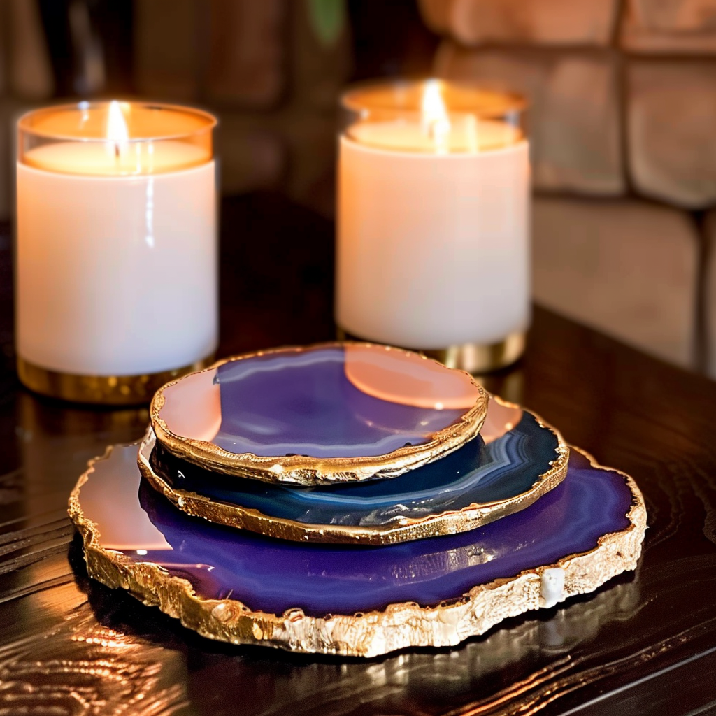 A set of purple agate coasters with gold trim stacked on a dark wooden surface, accompanied by two lit candles in white holders with gold bases, creating a warm and cozy ambiance.