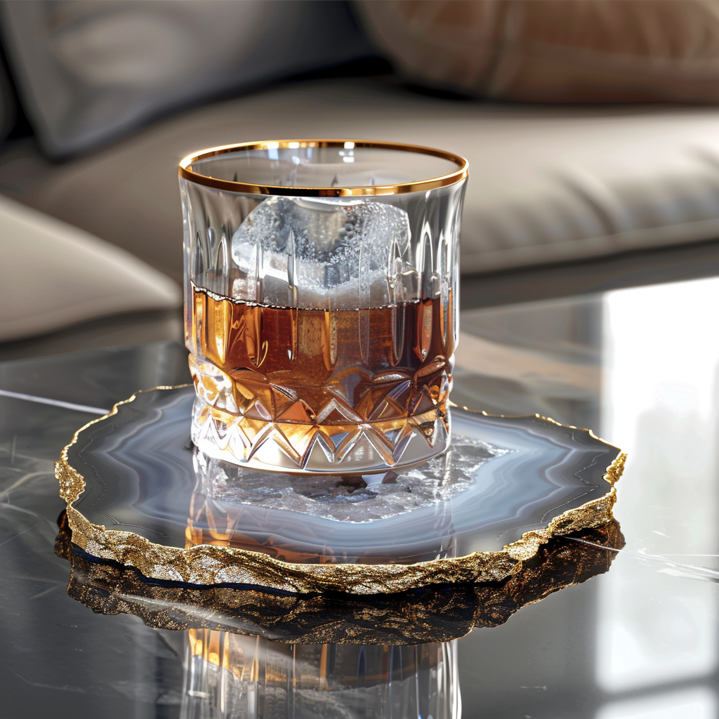 Intricately patterned agate coaster with gold trim, holding a crystal glass filled with an amber drink and ice, placed on a reflective surface with a blurred background.