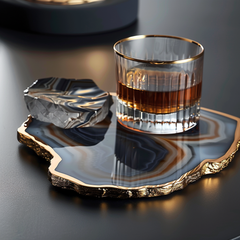 Elegant agate coaster with gold trim, featuring intricate natural patterns, holding a glass of amber-colored drink on a dark, reflective surface