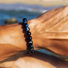 Blue Tiger Eye Bead Bracelet on Wrist by the Beach