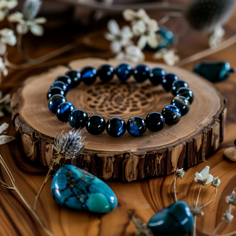 Blue Tiger Eye Bead Bracelet on Wooden Stand with Decorative Stones and Flowers