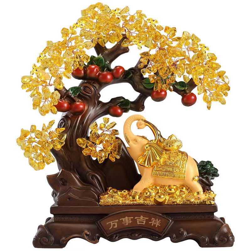 Feng Shui Citrine Crystal Money Tree with Lucky Elephant